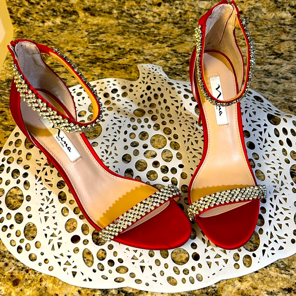 Nina New York Women’s Vauna Stiletto Red Rouge Crystal Shoes Size 8 1/2